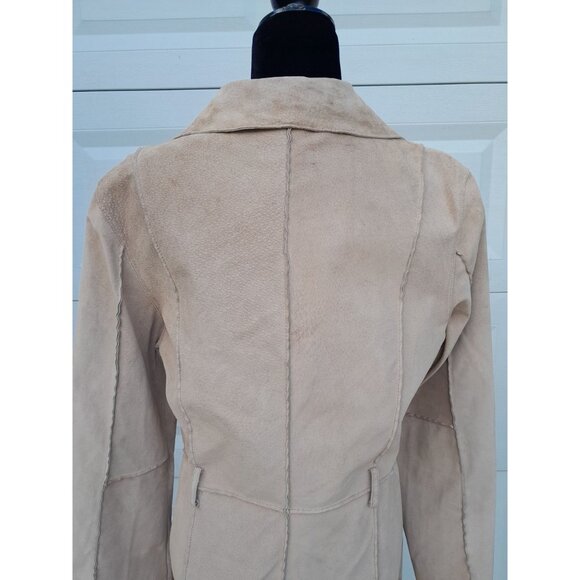 Womens Sz Large Genuine Suede Mid Length Western Trench Coat Pockets Light Tan - Picture 7 of 13
